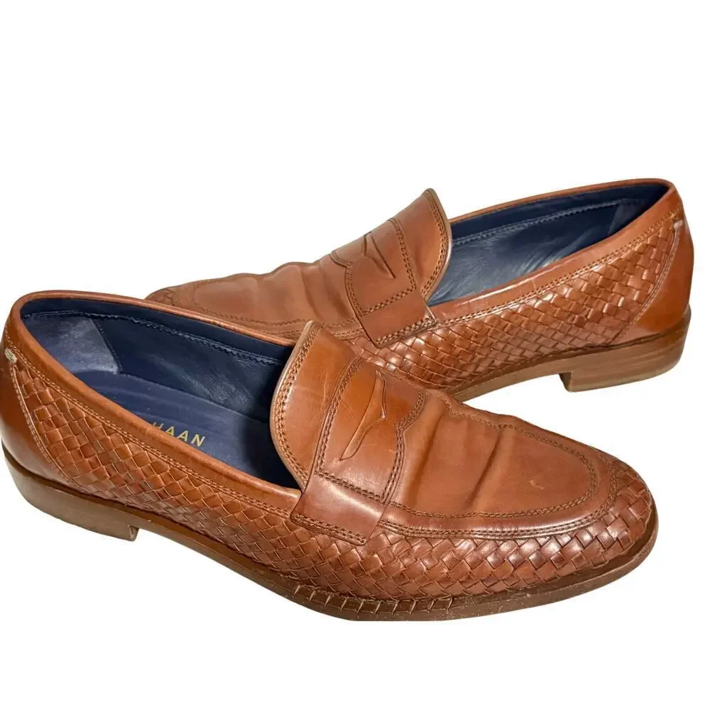 Cole Haan leather woven penny loafers British tan dynamic energy foam comfort